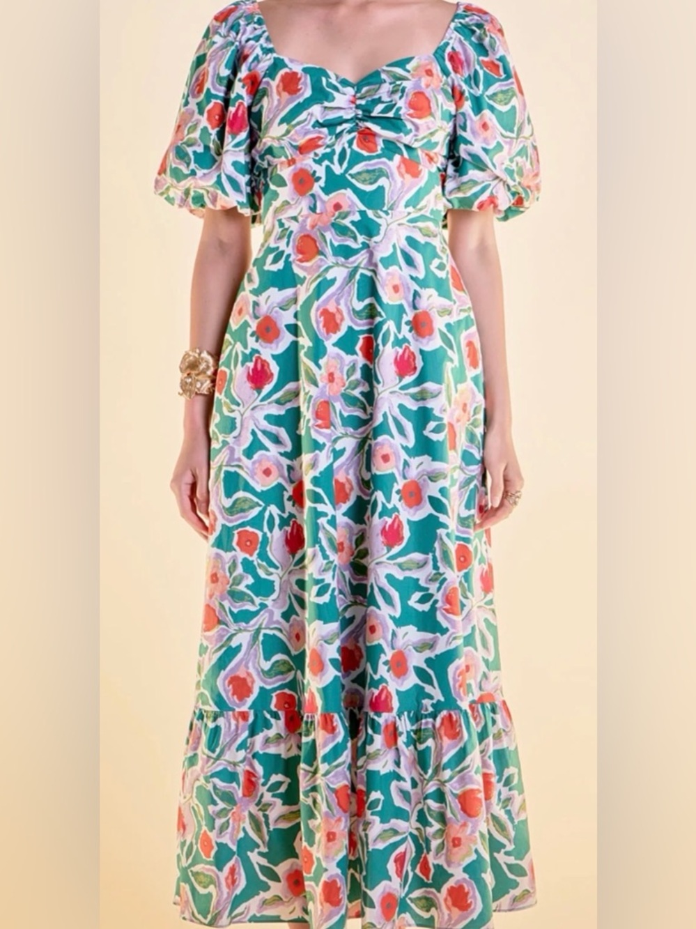 English Factory Green Floral Maxi Dress with Puff Sleeves - Picture 6 of 6